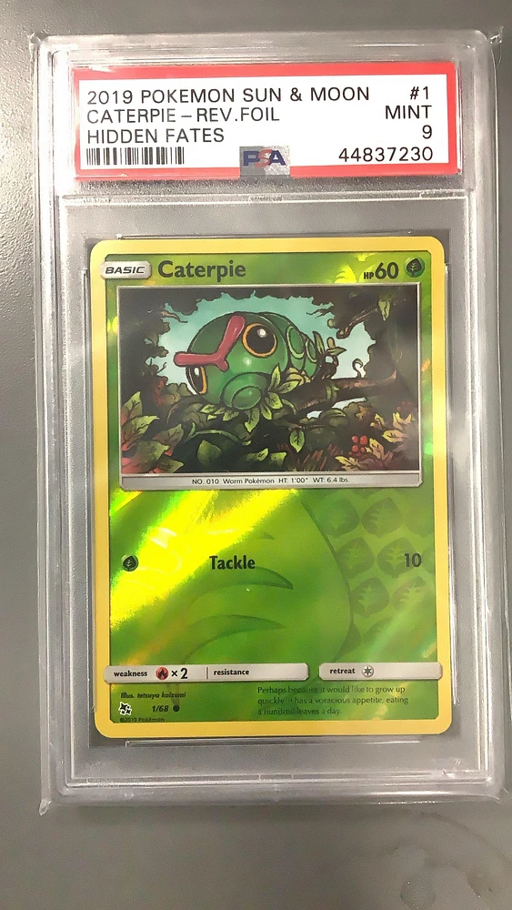 2019 Pokemon Sun & Moon Hidden Fates 1 Caterpie-reverse Foil PSA 9