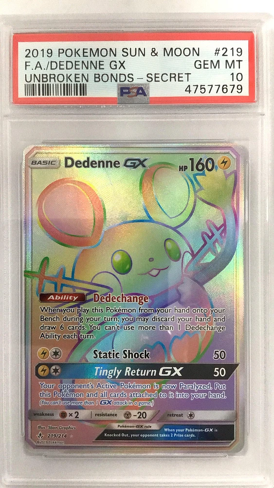 2019 Pokemon Sun & Moon Unbroken Bonds 219 Full Art/dedenne Gx Secret PSA