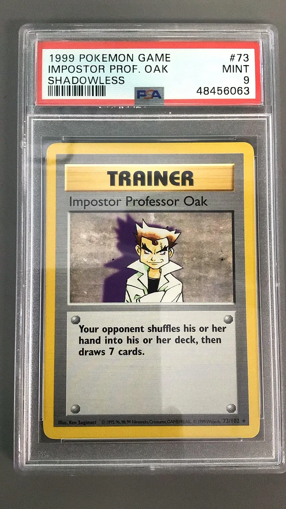 1999 Pokemon Game 73 Impostor Professor Oak Shadowless PSA 9