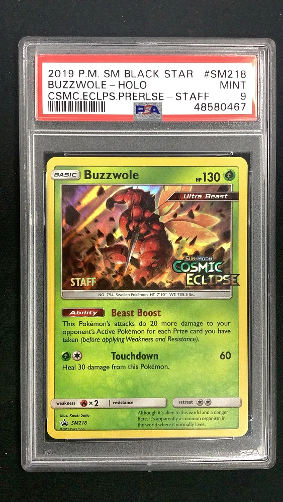 2019 Pokemon Sm Black Star Promo Sm218 Buzzwole-holo Cosmic Eclipse Prerelease-staff PSA 9