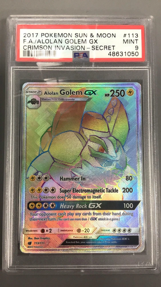 2017 Pokemon Sun & Moon Crimson Invasion 113 Full Art/alolan Golem Gx Secret PSA