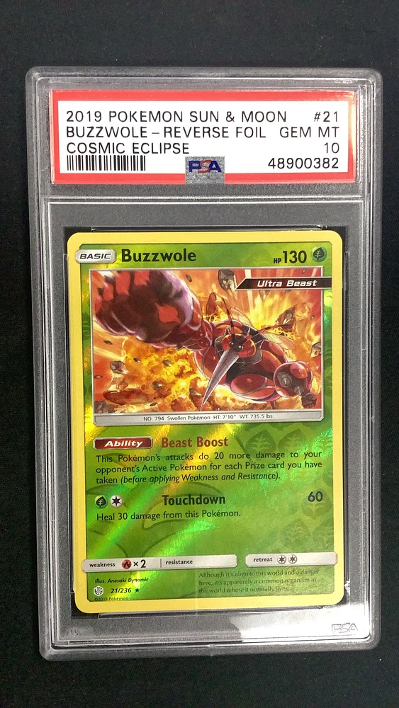 2019 Pokemon Sun & Moon Cosmic Eclipse 21 Buzzwole-reverse Foil PSA 10