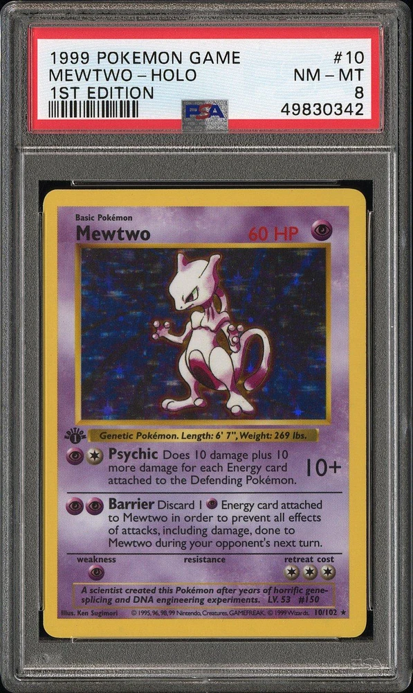 1999 Pokemon Game 10 Mewtwo-holo 1st Edition PSA 8