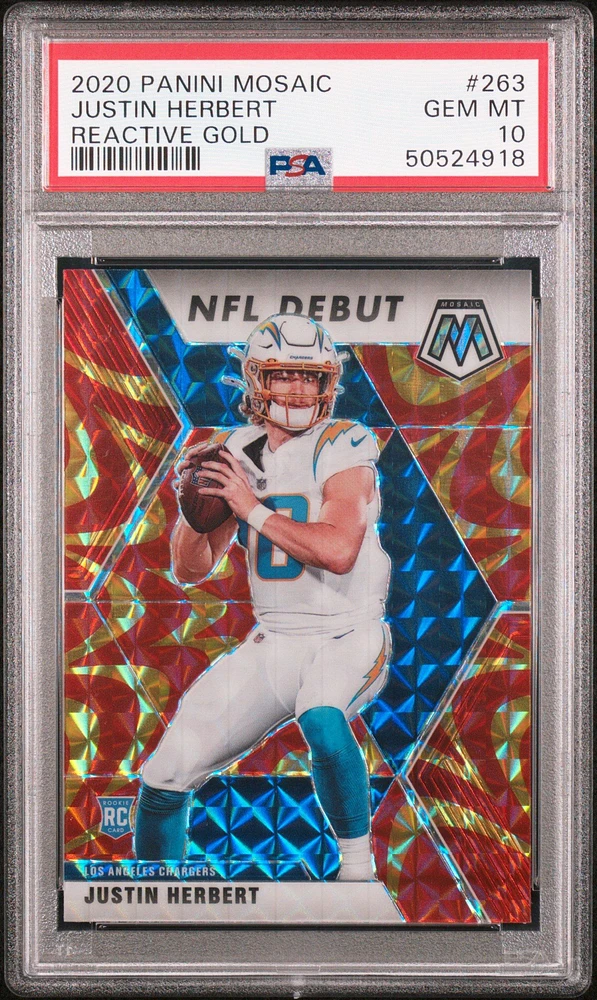 2020 Panini Mosaic Justin Herbert Reactive Gold PSA 10