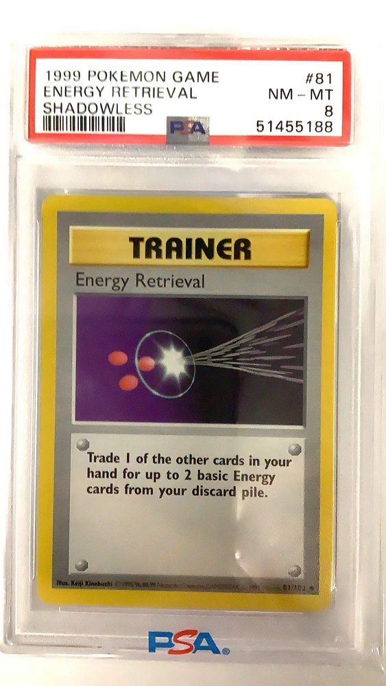 1999 Pokemon Game 81 Energy Retrieval Shadowless PSA 8