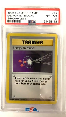 1999 Pokemon Game 81 Energy Retrieval Shadowless PSA 8