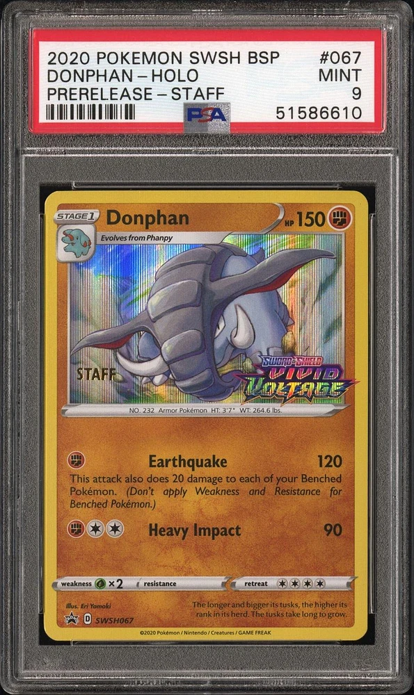 2020 Pokemon Swsh Black Star Promo 067 Donphan-holo Prerelease-staff PSA 9