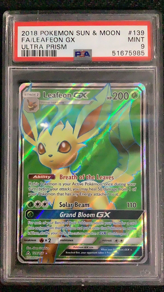 2018 Pokemon Sun & Moon Ultra Prism 139 Full Art/leafeon Gx PSA 9