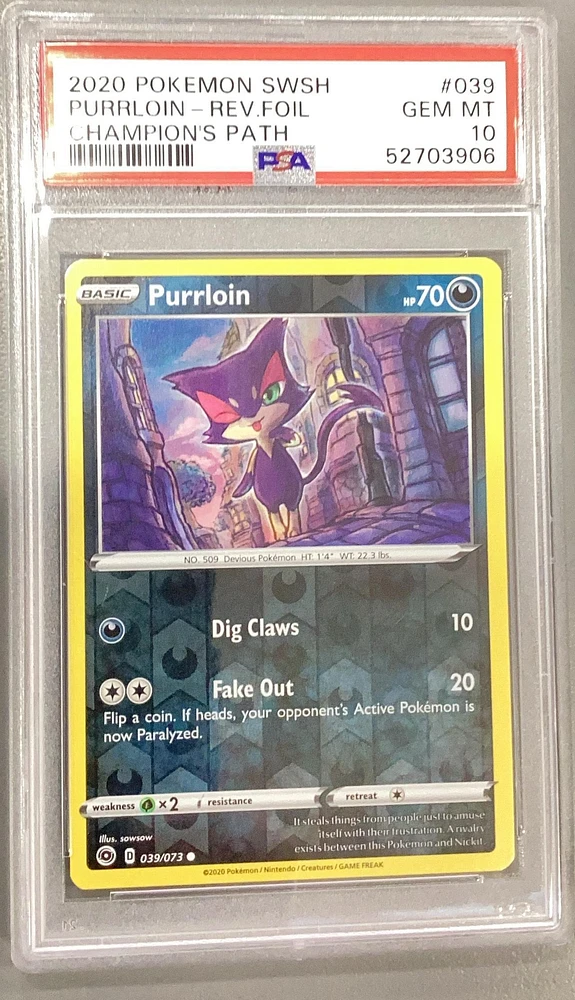 2020 Pokemon Sword & Shield Champion's Path 039 Purrloin-reverse Foil PSA 10