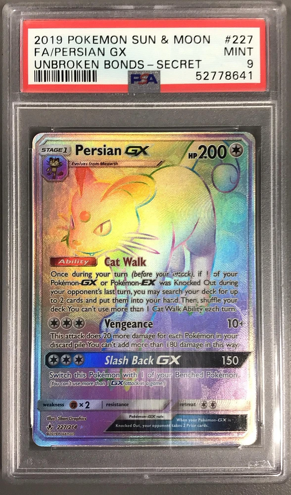 2019 Pokemon Sun & Moon Unbroken Bonds 227 Full Art/persian Gx Secret PSA