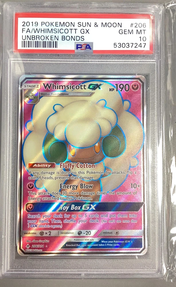 2019 Pokemon Sun & Moon Unbroken Bonds 206 Full Art/whimsicott Gx PSA 10
