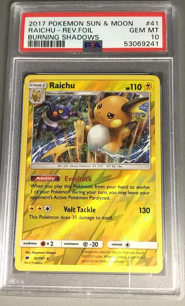 2017 Pokemon Sun & Moon Burning Shadows 41 Raichu-reverse Foil PSA 10