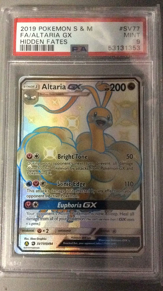 2019 Pokemon Sun & Moon Hidden Fates Sv77 Fa/altaria Gx PSA 9