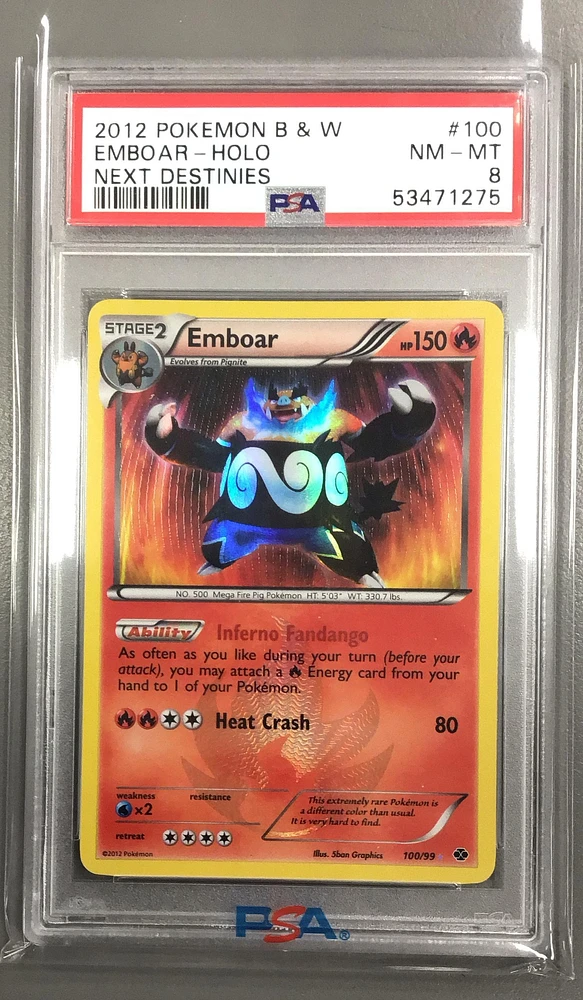 2012 Pokemon Black & White Next Destinies 100 Emboar-holo PSA 8