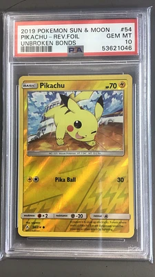 2019 Pokemon Sun & Moon Unbroken Bonds 54 Pikachu-reverse Foil PSA 10