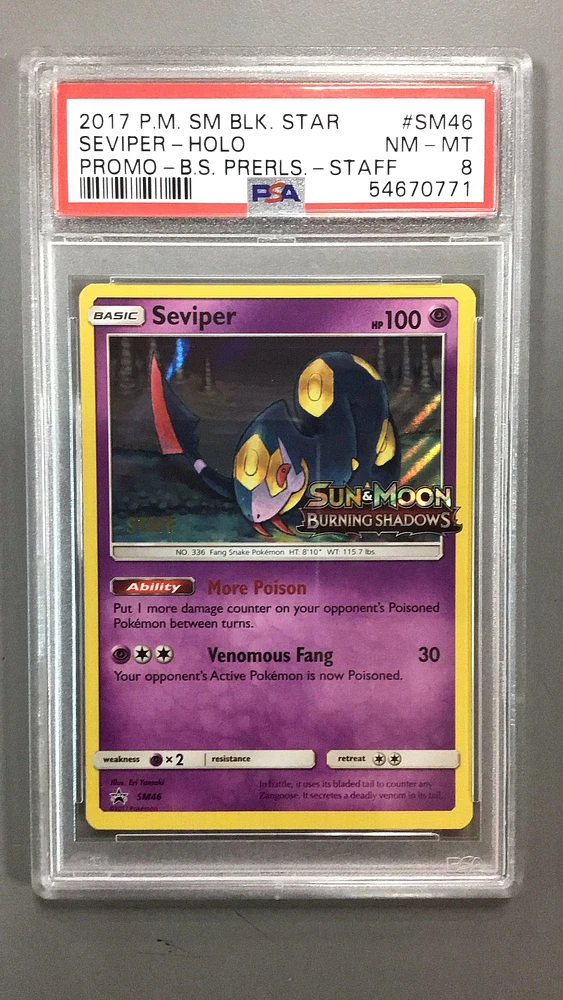 2017 Pokemon Sm Black Star Promo Sm46 Seviper-holo Burning Shadows Prerelease-staff PSA 8