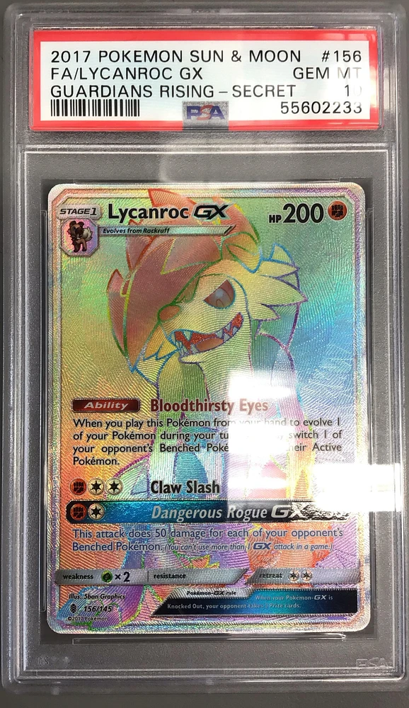 2017 Pokemon Sun & Moon Guardians Rising 156 Full Art/lycanroc Gx Secret PSA