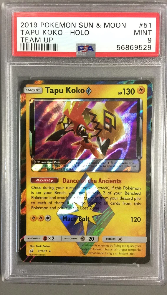 2019 Pokemon Sun & Moon Team Up 51 Tapu Koko-holo PSA 9