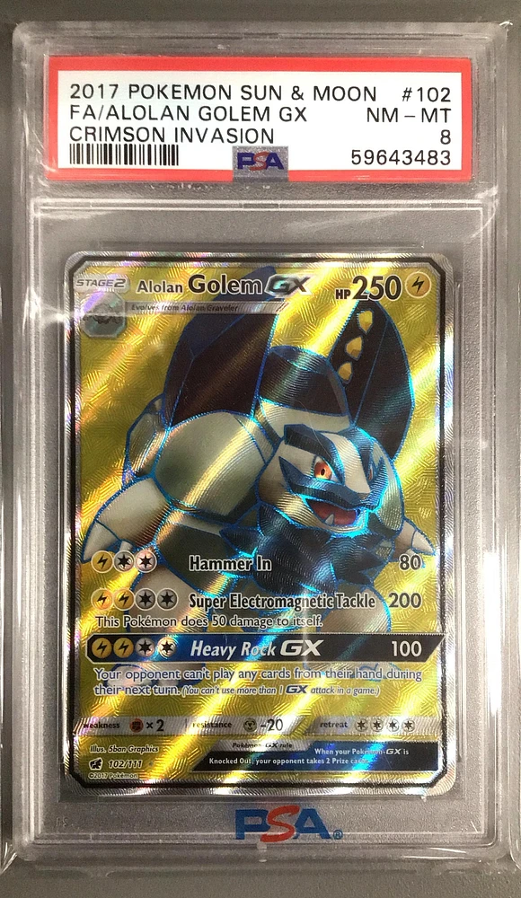 2017 Pokemon Sun & Moon Crimson Invasion 102 Full Art/alolan Golem Gx PSA 8