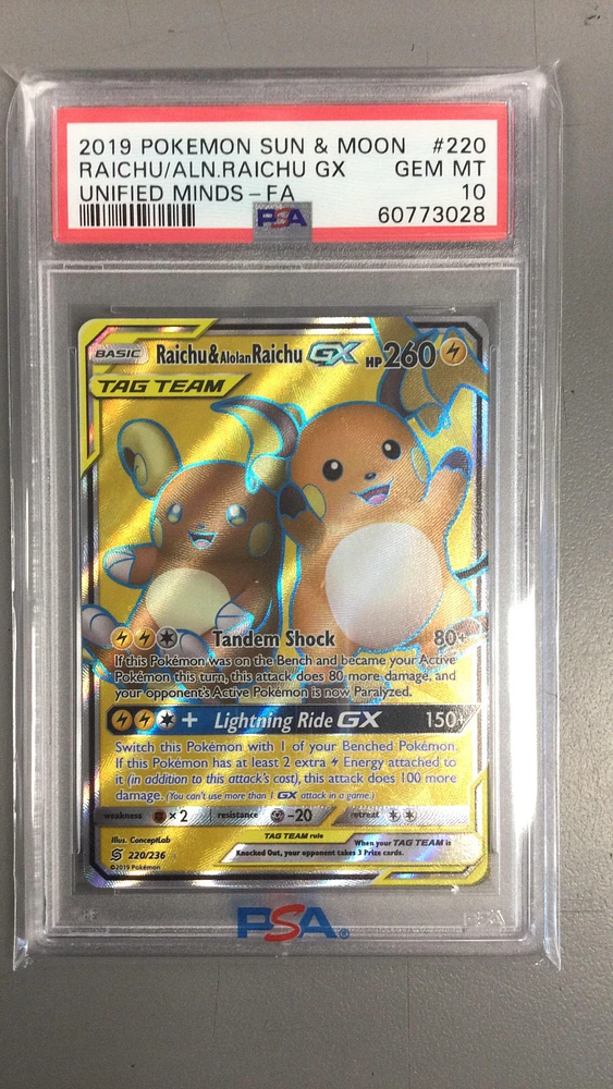 2019 Pokemon Sun & Moon Unified Minds Raichu/aln.raichu Gx PSA