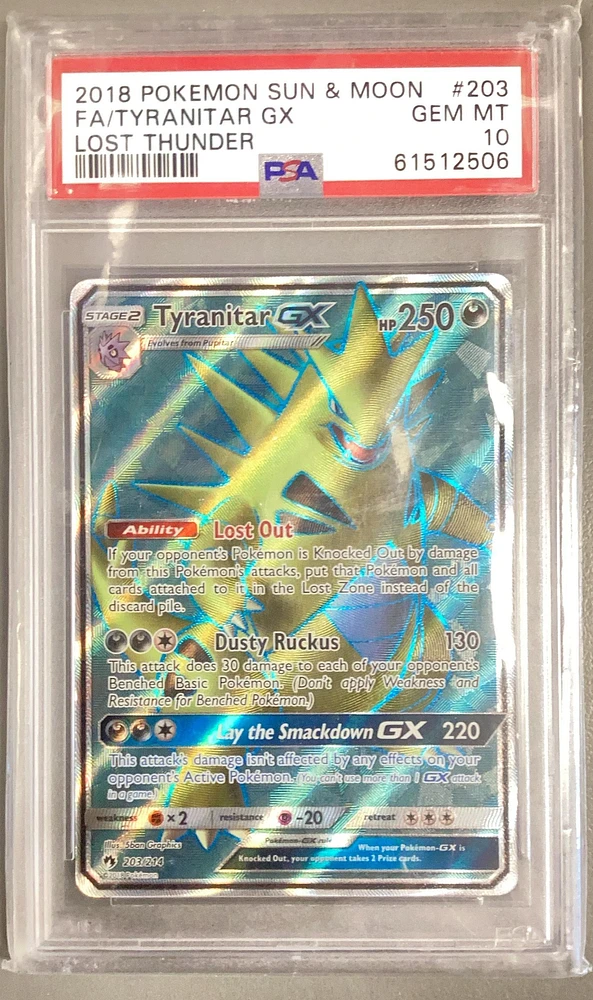 2018 Pokemon Sun & Moon Lost Thunder 203 Full Art/tyranitar Gx PSA