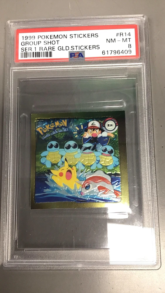 1999 Pokemon Stickers Series 1 Rare Gold Stickers R14 Group Shot PSA 8