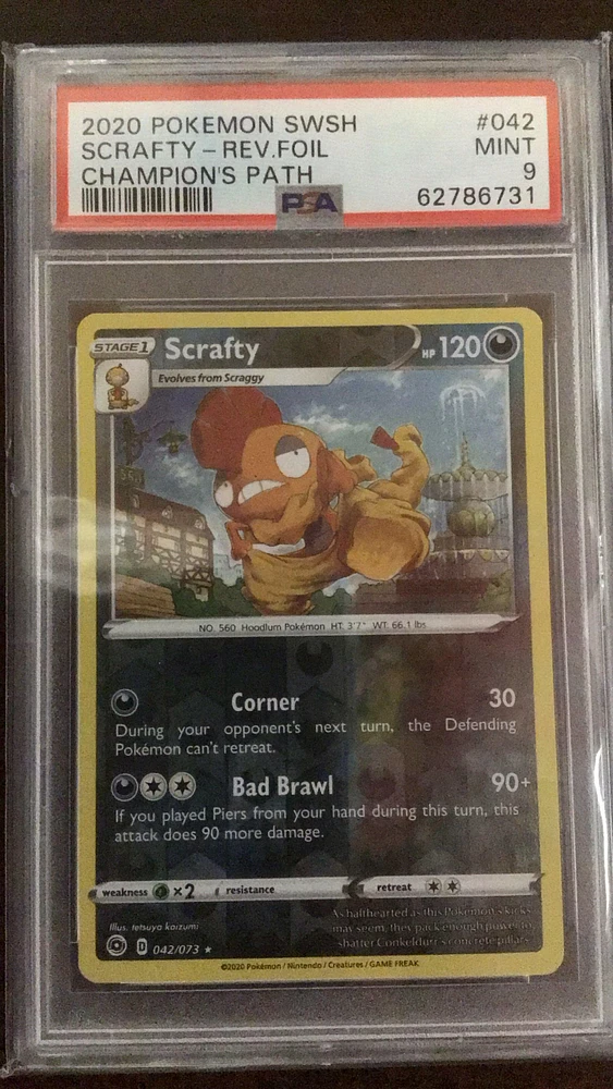 2020 Pokemon Sword & Shield Champion's Path 042 Scrafty-reverse Foil PSA 9