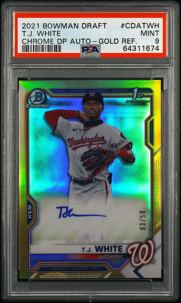 2021 Bowman Draft Chrome Draft Pick Autographs Cdatwh T.j. White Gold Refractor PSA 9