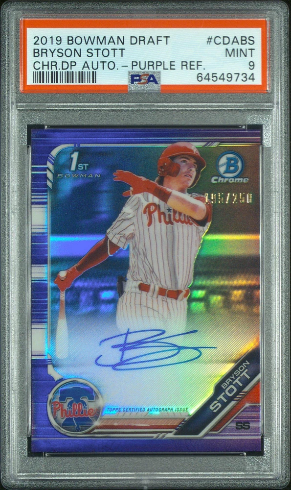 2019 Bowman Draft Chrome Draft Picks Autograph Cdabs Bryson Stott Purple Refractor PSA 9