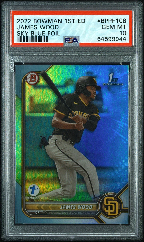 2022 Bowman 1st Edition Bppf108 James Wood Sky Blue Foil PSA 10