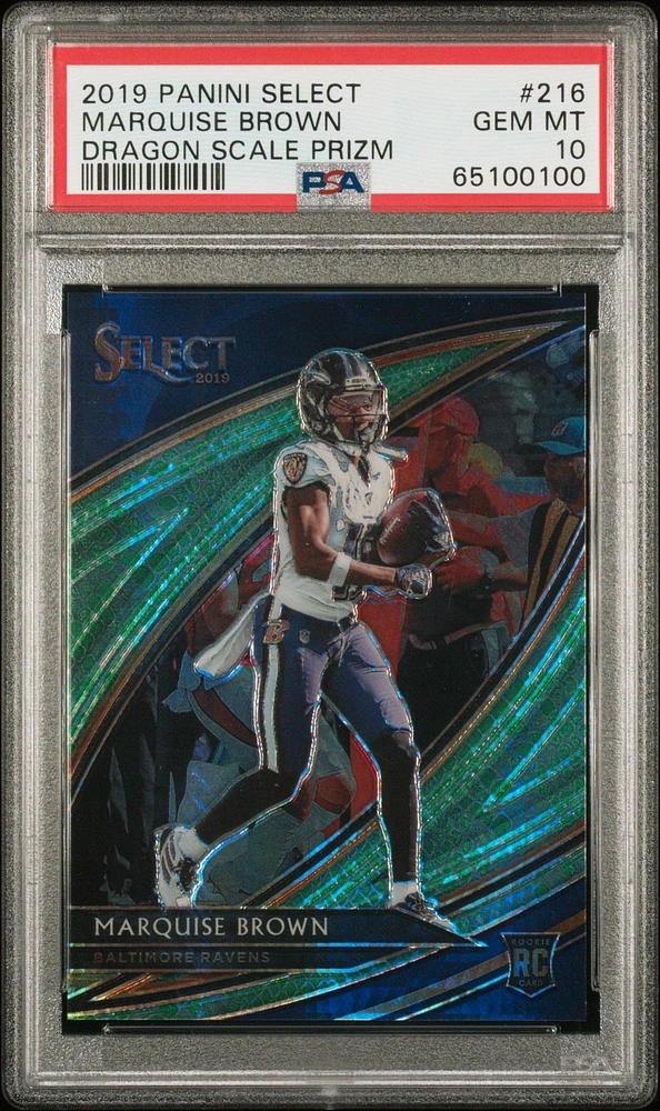 2019 Panini Select 216 Marquise Brown Dragon Scale Prizm PSA 10