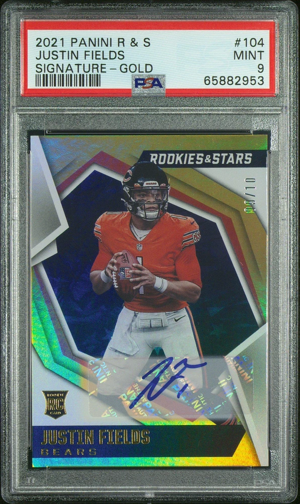 2021 Panini Rookies & Stars 104 Justin Fields Signature-gold PSA 9