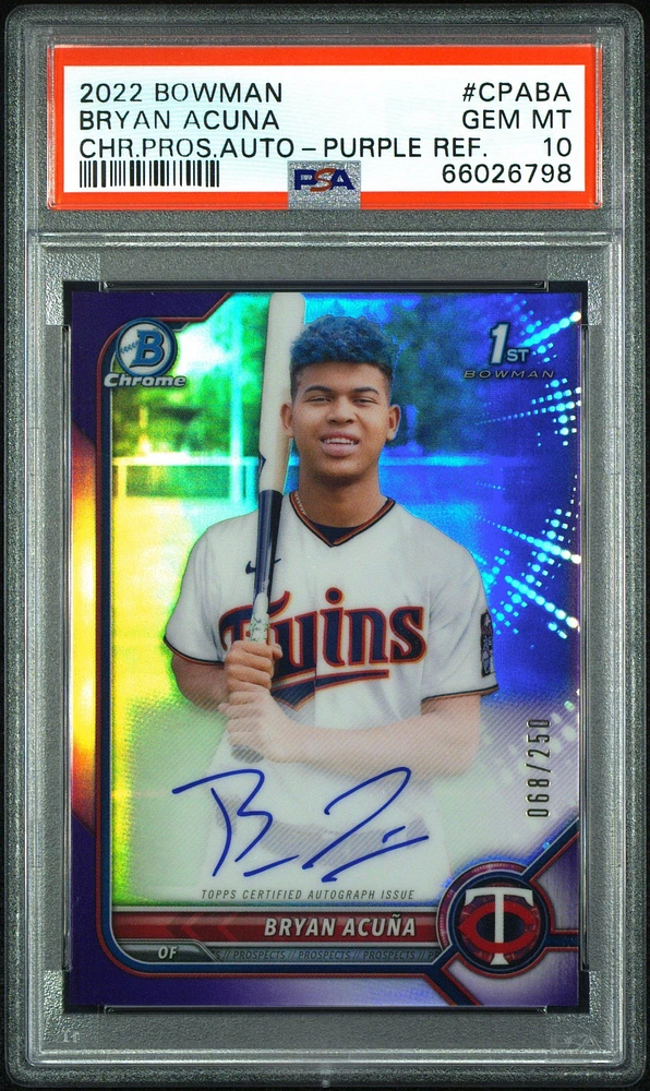 2022 Bowman Chrome Prospect Autographs Cpaba Bryan Acuna Purple Refractor PSA 10