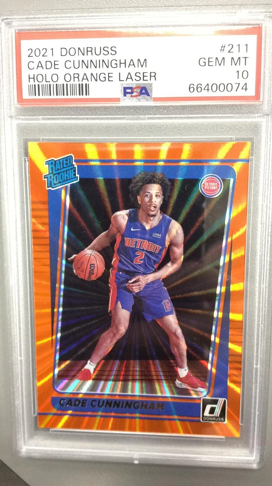 2021 Panini Donruss 211 Cade Cunningham Holo Orange Laser PSA 10