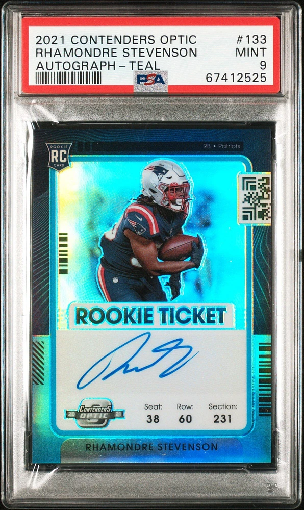 2021 Panini Contenders Optic 133 Rhamondre Stevenson Autograph-teal PSA 9