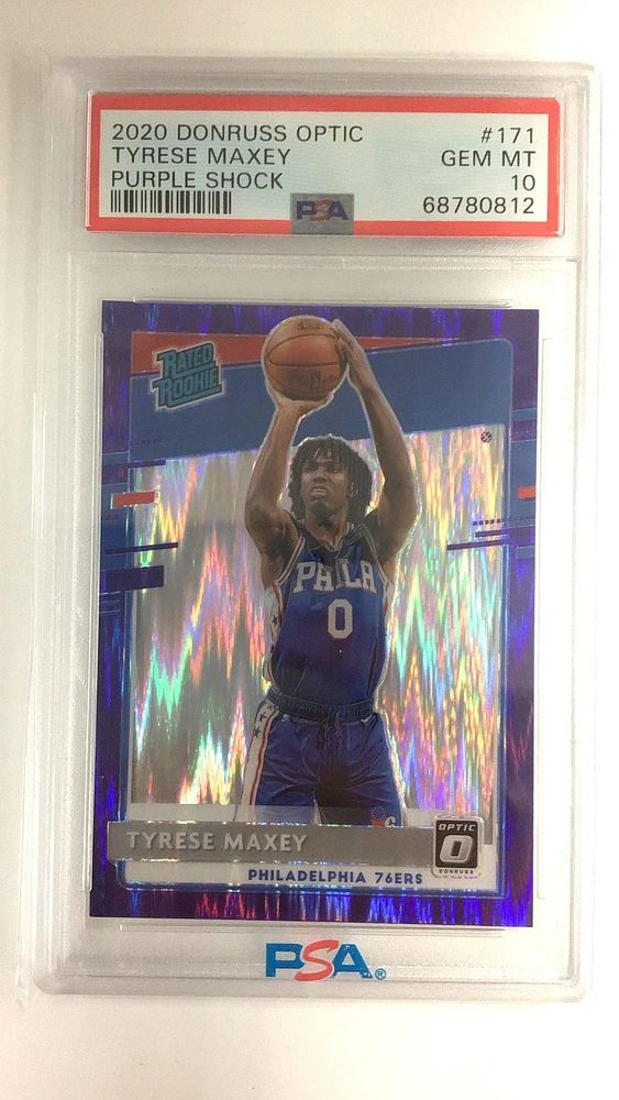 2020 Panini Donruss Optic 171 Tyrese Maxey Purple Shock PSA 10