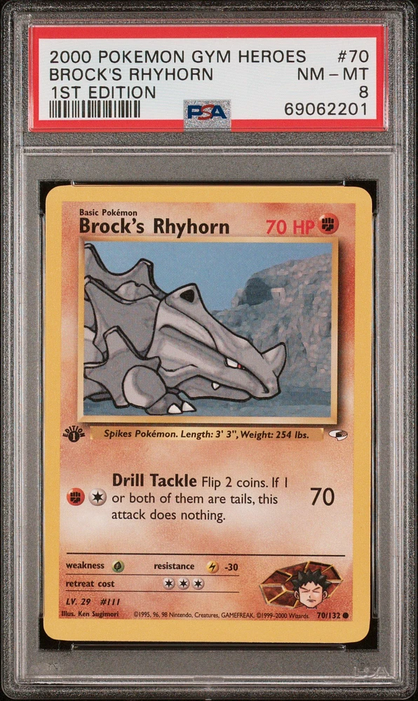 2000 Pokemon Gym Heroes 70 Brock's Rhyhorn PSA 8