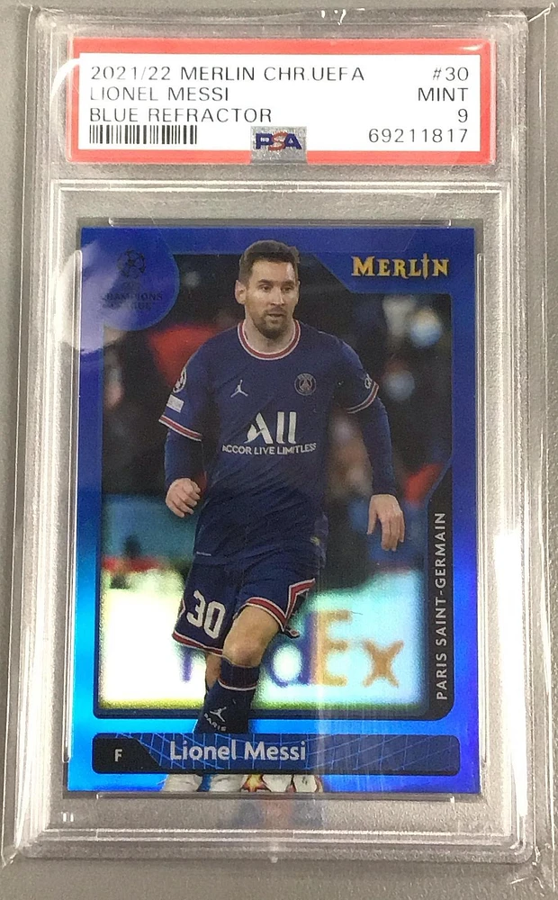 2021-2022 Topps Merlin Chrome Uefa League 30 Lionel Messi Blue Refractor PSA 9