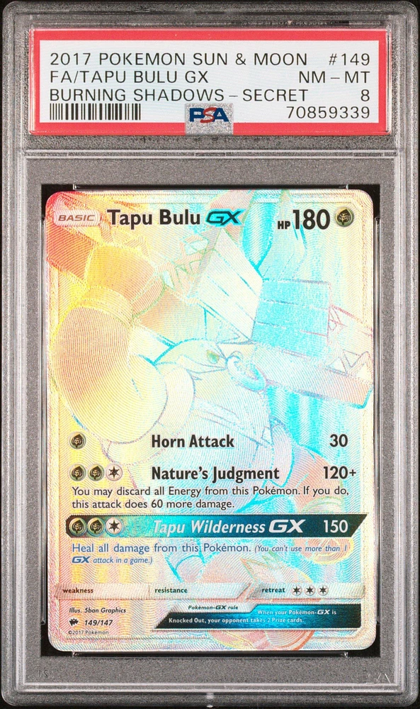 2017 Pokemon Sun & Moon Burning Shadows 149 Full Art/tapu Bulu Gx Secret PSA 8