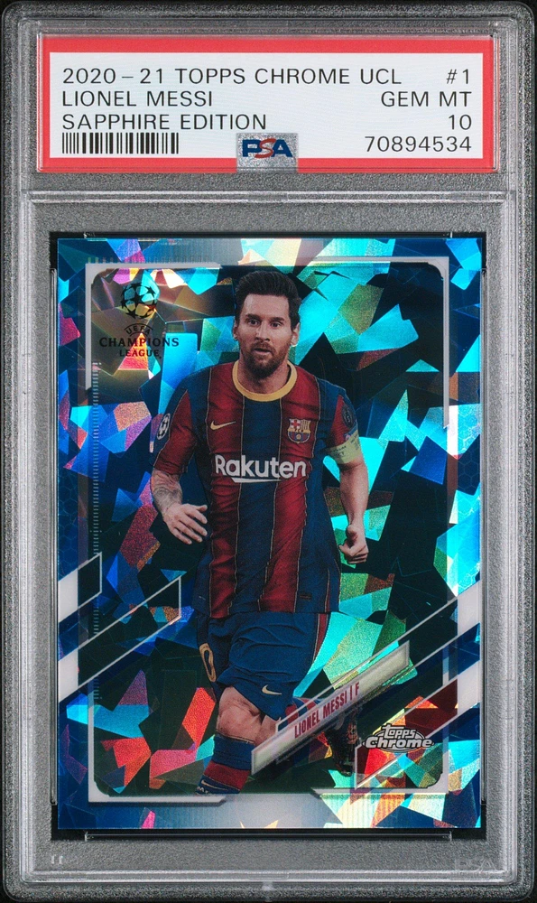 2020 Topps Chrome Uefa Champions League Sapphire Edition 1 Lionel Messi PSA 10
