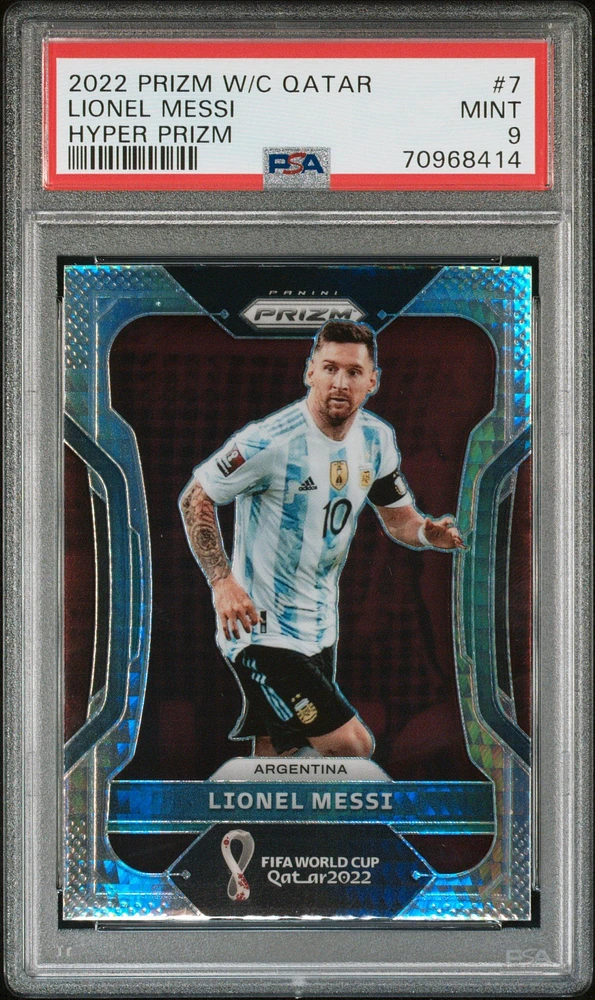 2022 Panini Prizm World Cup Qatar 7 Lionel Messi Hyper Prizm PSA 9