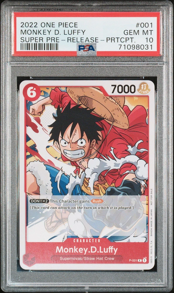 2022 One Piece Promos 001 Monkey D. Luffy Super Pre-release-participation PSA 10