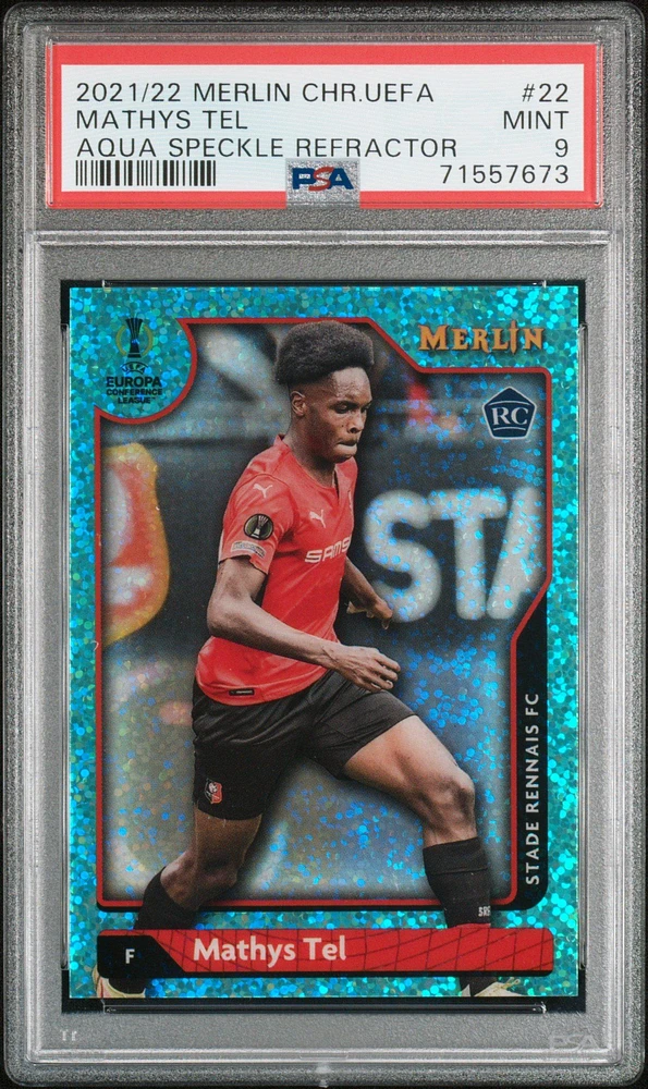 2021-2022 Topps Merlin Chrome Uefa League 22 Mathys Tel Aqua Speckle Refractor PSA 9