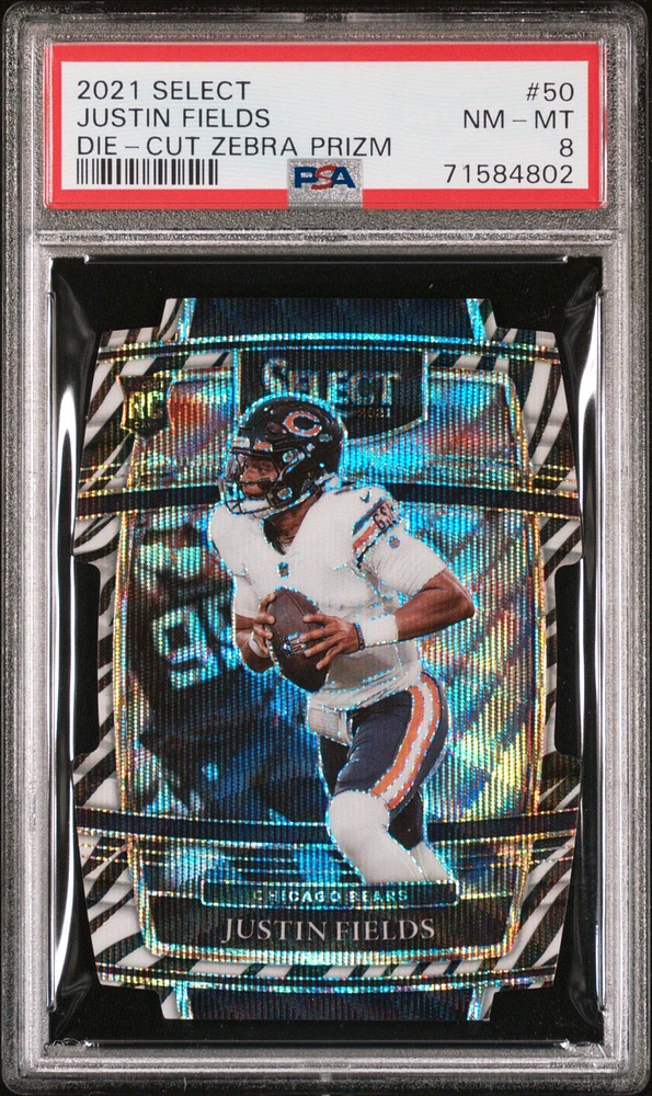 2021 Panini Select 50 Justin Fields Die-cut Zebra Prizm PSA 8