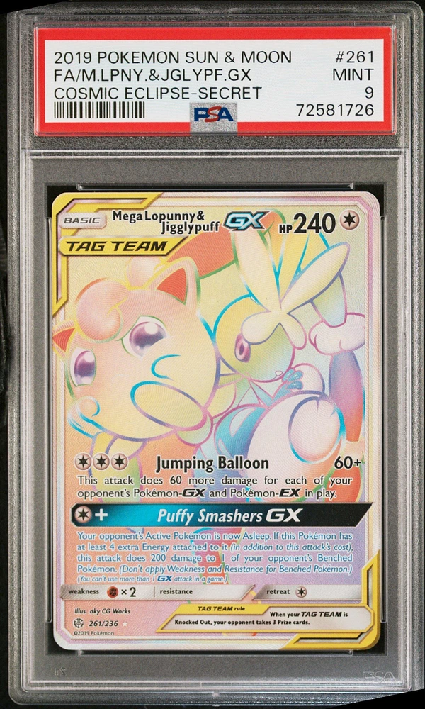 2019 Pokemon Sun & Moon Cosmic Eclipse 261 Full Art/mega-lopunny & Jigglypuff Gx Secret PSA 9