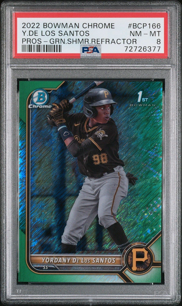 2022 Bowman Chrome Prospects Bcp166 Yordany De Los Santos Green Shimmer Refractor PSA 8