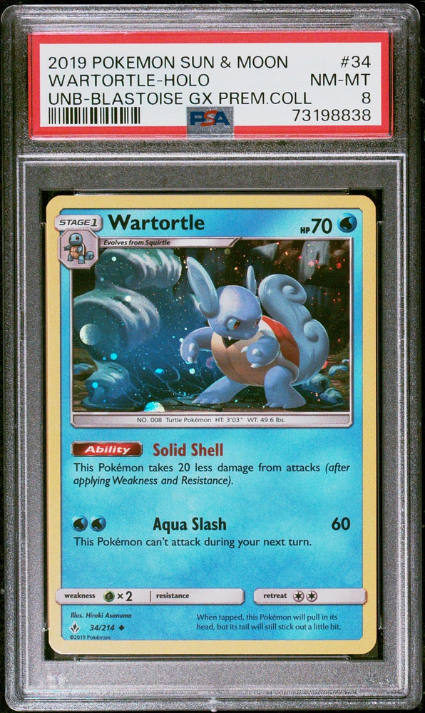 2019 Pokemon Sun & Moon Unbroken Bonds 34 Wartortle-holo Blastoise-gx Premium Collection PSA 8