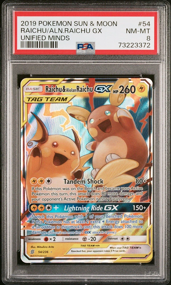 2019 Pokemon Sun & Moon Unified Minds 54 Raichu/aln.raichu Gx PSA 8