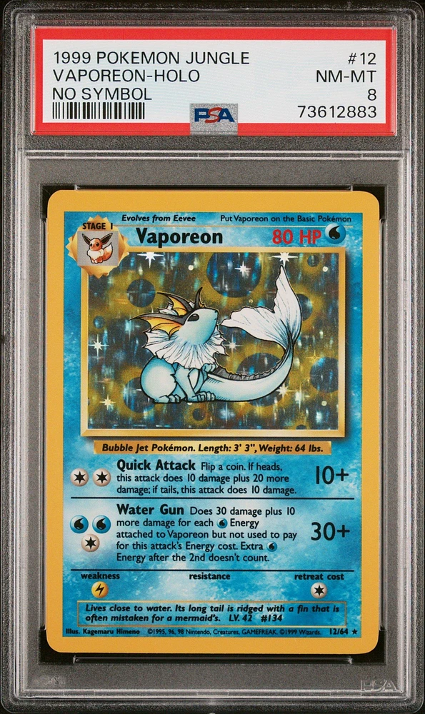 1999 Pokemon Jungle 12 Vaporeon-holo No Symbol PSA 8