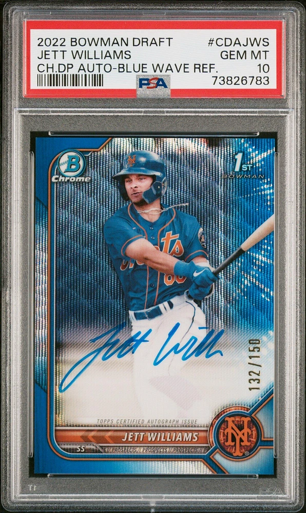 2022 Bowman Draft Chrome Draft Pick Autographs Cdajws Jett Williams Blue Wave Refractor PSA 10